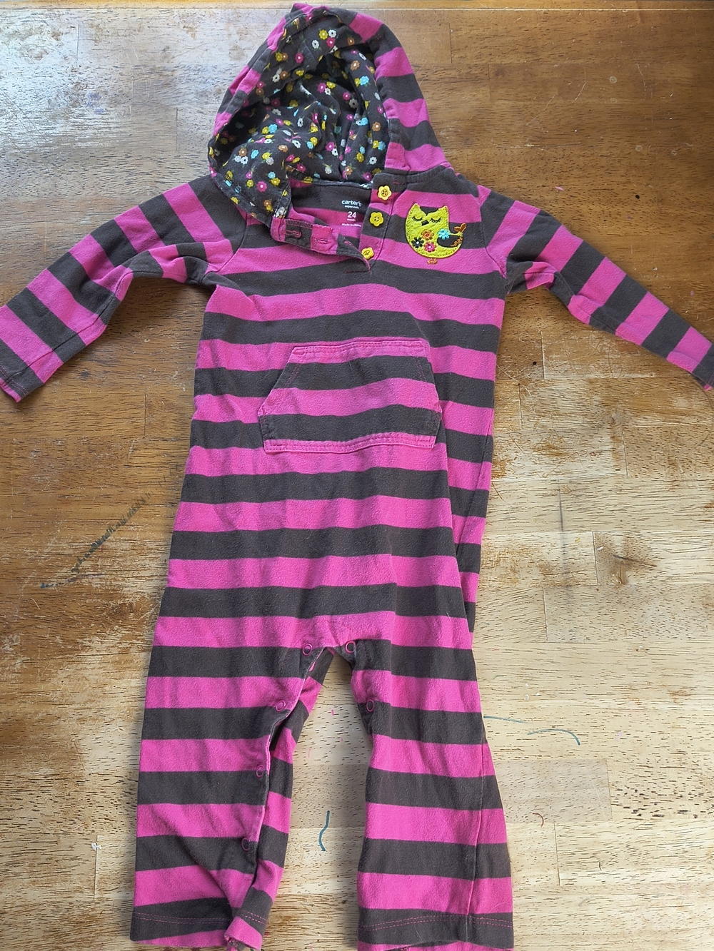 Vintage Carter's 24 months pink and brown striped hooded one piece jumpsuit